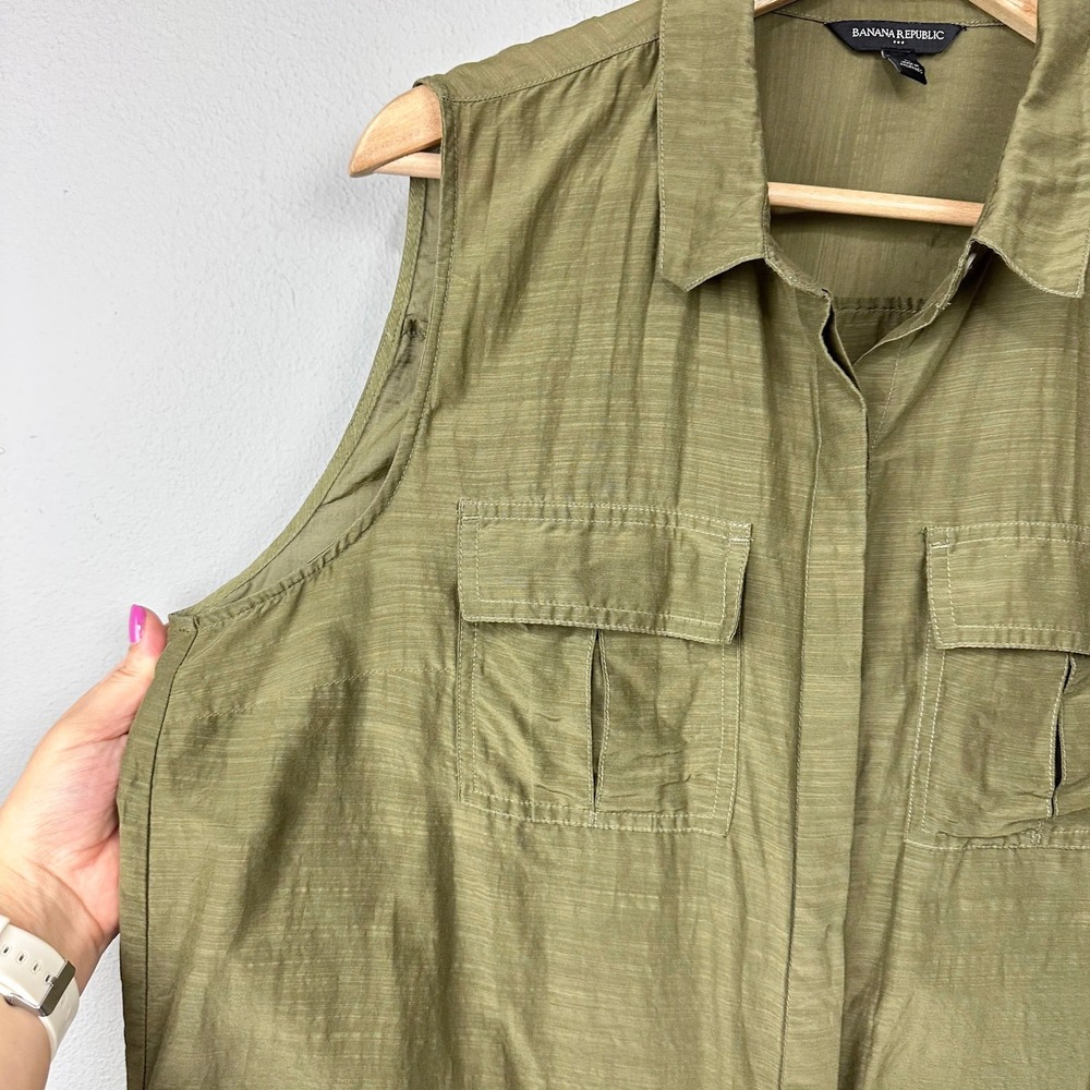 Banana Republic Sleeveless Top Womens L Olive Green Cotton Silk Voile Utility - Picture 3 of 9